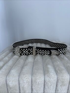 Black Studded Rhinestone Belt with Silver Hardware